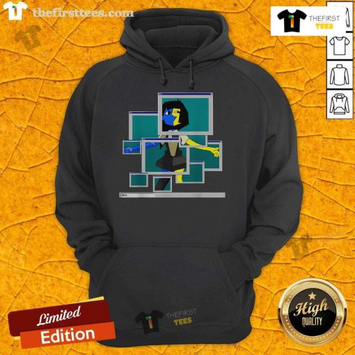 Pretty Ena pop-up character on a Windows 95 hoodie, featuring vibrant colors and nostalgic retro design.