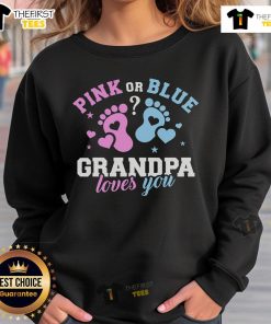 Grandpa wearing a 'Pretty Gender Reveal' sweatshirt, celebrating family love at a joyful gender reveal party.