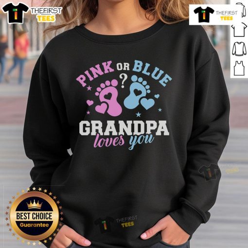 Grandpa wearing a 'Pretty Gender Reveal' sweatshirt, celebrating family love at a joyful gender reveal party.