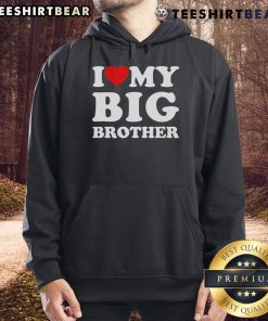 Child wearing a 'Pretty I Love My Big Brother' heart hoodie, showcasing love and sibling bond in a fun, colorful design.