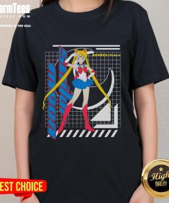 Pretty Sailor Moon Usagi Tsukino anime girl graphic on a retro ladies tee, perfect for fans of classic anime.