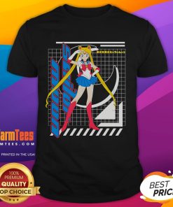 Alt Text: Pretty Sailor Moon Usagi Tsukino anime girl in a retro T-shirt design featuring vibrant colors and nostalgic style.