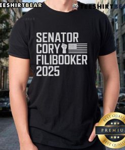 Pretty Senator Cory Booker wearing a 'Cory Filibooker' T-shirt during a filibuster event, showcasing his advocacy.