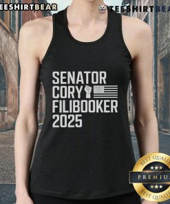Cory Booker wearing a 'Cory Filibooker' tank top, showcasing his style during a Senate filibuster event.
