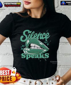 Retro green glow ladies tee featuring 'Pretty Silence Speaks' design, perfect for casual wear and stylish ensembles.