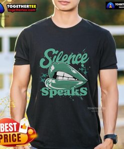 Retro green glow t-shirt featuring 'Pretty Silence Speaks' design, perfect for stylish casual wear.