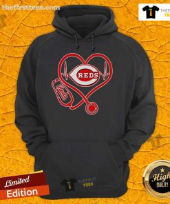 Alt Text: Cincinnati Reds pride hoodie featuring a stylish stethoscope and heartbeat design, perfect for fans and medical professionals.