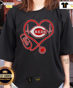 Pretty stethoscope and heartbeat design on Cincinnati Reds Pride Ladies Tee, perfect for fans and healthcare enthusiasts.