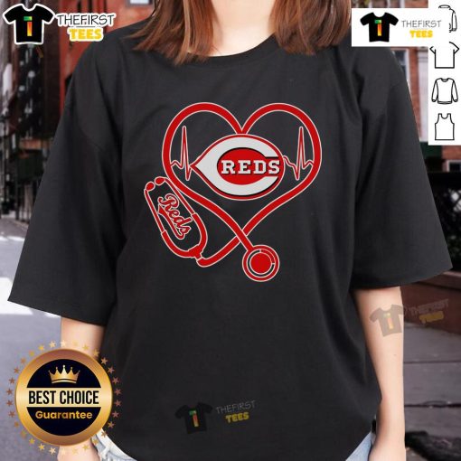 Pretty stethoscope and heartbeat design on Cincinnati Reds Pride Ladies Tee, perfect for fans and healthcare enthusiasts.