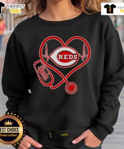 Pretty stethoscope and heartbeat design on Cincinnati Reds pride sweatshirt, perfect for fans and healthcare professionals.