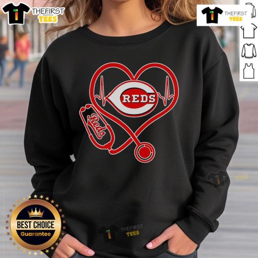 Pretty stethoscope and heartbeat design on Cincinnati Reds pride sweatshirt, perfect for fans and healthcare professionals.