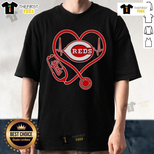 Pretty Stethoscope Heartbeat Cincinnati Reds Pride T-Shirt showcasing team spirit and love for baseball.