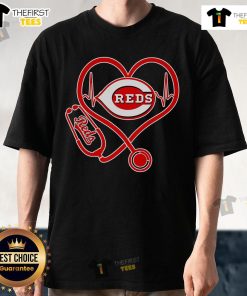 Pretty Stethoscope Heartbeat Cincinnati Reds Pride T-Shirt showcasing team spirit and love for baseball.