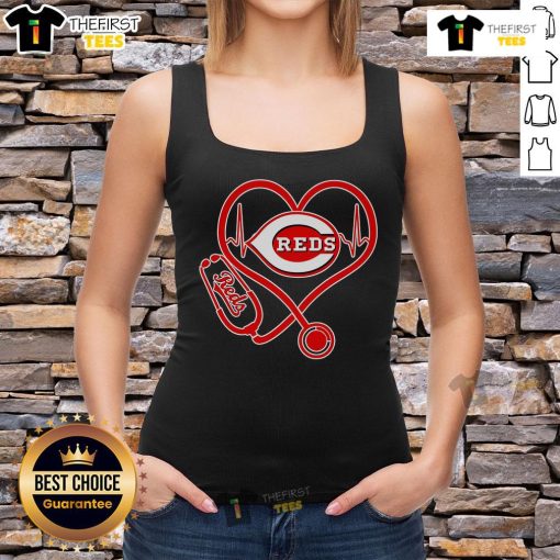 Pretty stethoscope and heartbeat design on Cincinnati Reds Pride tank top for sports fans and healthcare enthusiasts.