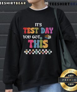 Alt Text: Student wearing Pretty Testing Motivation sweatshirt on test day, encouraging confidence and positivity.