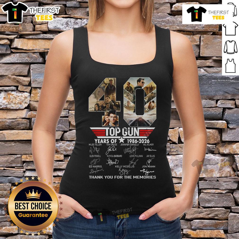 Top Gun 40 Years Of 1986 2026 Thank You For The Memories Tank Top Top Gun 40 Years of 1986-2026 tank top featuring a nostalgic tribute design celebrating the iconic film's legacy.