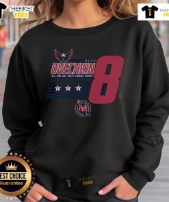 Alt Text: Top Alexander Ovechkin 8 sweatshirt featuring stripes, celebrating Washington Capitals NHL all-time leading goal scorer.