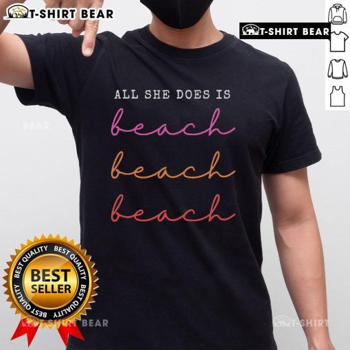Alt Text: Top All She Does Is Beach Repeat T-Shirt featuring a fun beach-themed design perfect for summer outings.