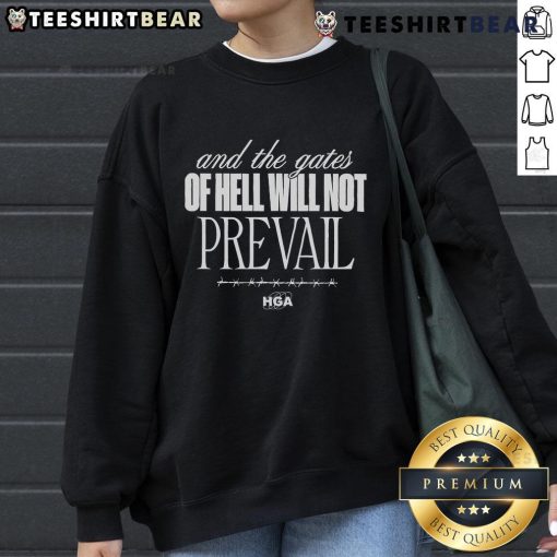 Black HGA sweatshirt featuring 'The Gates of Hell Will Not Prevail' design, perfect for stylish comfort and inspiration.