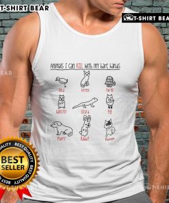 Person wearing 'Top Animals I Can Kill With My Bare Hands' tank top, showcasing a humorous graphic design.