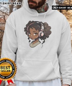 Stylish Black girl in Afro wearing anime merch hoodie, showcasing vibrant colors and trendy designs for anime fans.