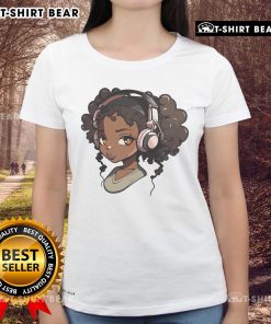 Alt Text: Black girl wearing anime-themed tee, showcasing Afro hairstyle, perfect for anime and music lovers.
