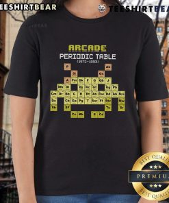 Top Arcade Periodic Table 1972-1993 Ladies Tee featuring retro game graphics and vibrant colors for gamers.