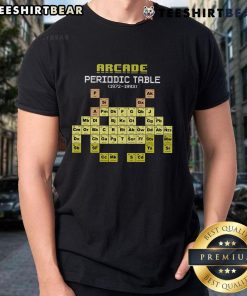 Top Arcade Periodic Table 1972-1993 T-Shirt featuring iconic arcade game graphics and vibrant colors.