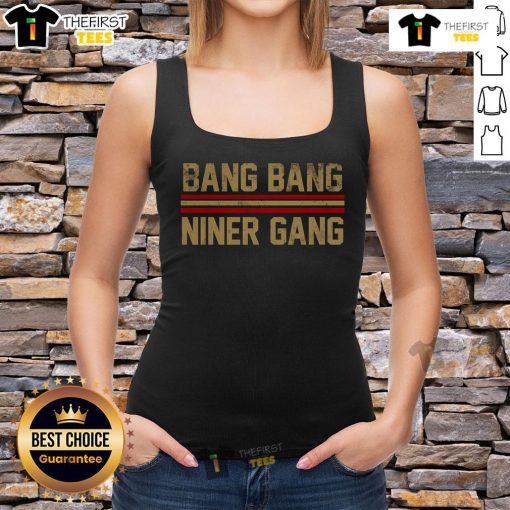 Alt Text: Top Bang Bang Niner Gang San Tank Top featuring bold graphics and vibrant colors, perfect for fans and casual wear.