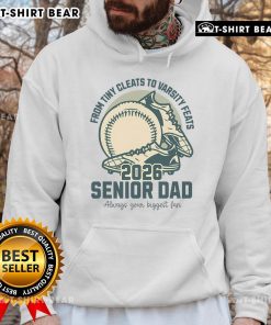 Top Baseball Senior Dad 2026 hoodie featuring tiny cleats and varsity feats design, perfect for proud baseball parents.