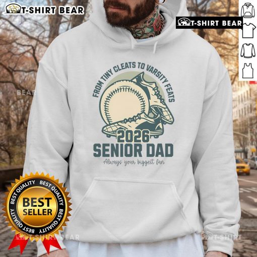 Top Baseball Senior Dad 2026 hoodie featuring tiny cleats and varsity feats design, perfect for proud baseball parents.