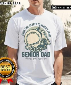 Top Baseball Senior Dad 2026 T-Shirt featuring tiny cleats and varsity design, perfect for proud baseball dads.