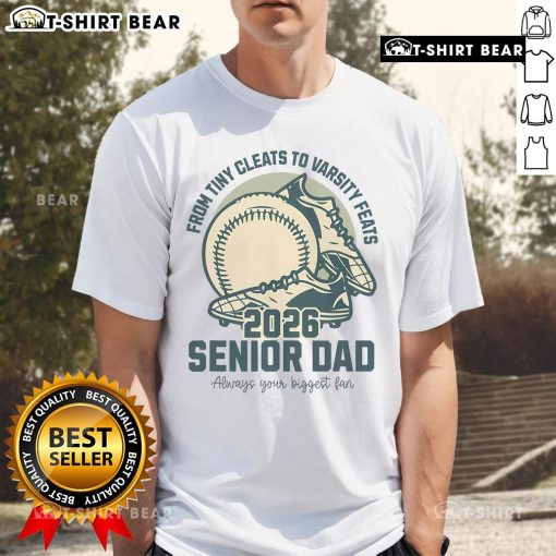 Top Baseball Senior Dad 2026 T-Shirt featuring tiny cleats and varsity design, perfect for proud baseball dads.