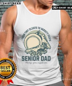 Alt Text: Top Baseball Senior Dad 2026 tank top featuring tiny cleats and varsity feats design for proud baseball fathers.