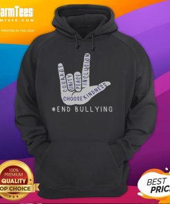 Top blue anti-bullying hoodie featuring love sign language design for bully prevention awareness.