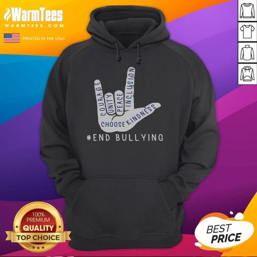 Top blue anti-bullying hoodie featuring love sign language design for bully prevention awareness.