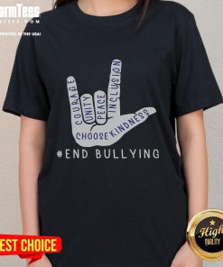Top blue anti-bullying love sign language design on a ladies' tee promoting bully prevention and kindness.