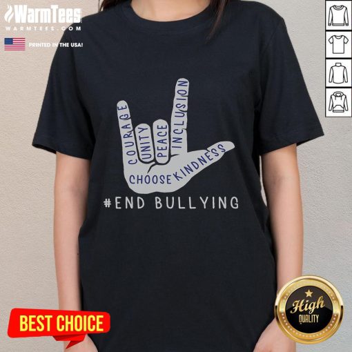 Top blue anti-bullying love sign language design on a ladies' tee promoting bully prevention and kindness.