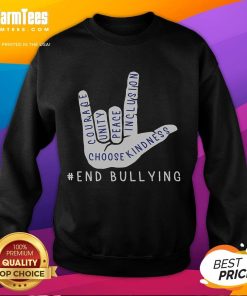 Top Blue Anti-Bullying Love Sign Language Sweatshirt promoting bully prevention and kindness.