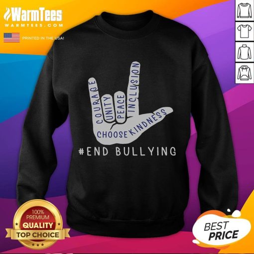 Top Blue Anti-Bullying Love Sign Language Sweatshirt promoting bully prevention and kindness.
