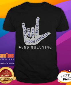 Alt Text: Top blue anti-bullying T-shirt featuring love sign language design for bully prevention awareness.
