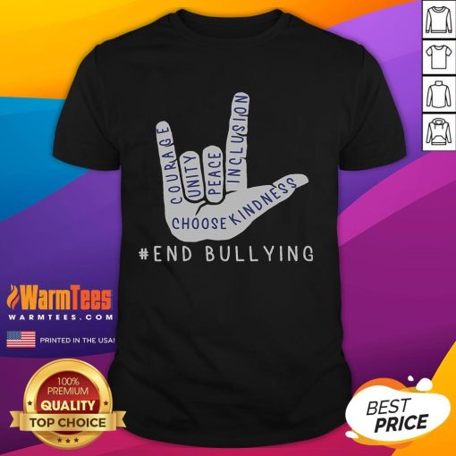 Alt Text: Top blue anti-bullying T-shirt featuring love sign language design for bully prevention awareness.