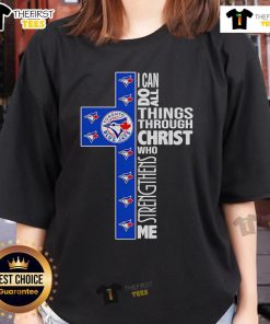 Alt Text: Top Blue Jays I Can Do All Things Through Christ Who Strengthens Me Ladies Tee in vibrant blue color