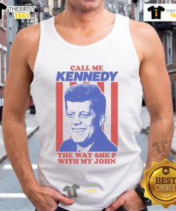 Alt Text: Model in a stylish tank top with 'Call Me Kennedy' print, showcasing a trendy summer fashion look.