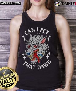 Stylish tank top featuring 'Can I Pet That Dawg' wolf tattoo art, perfect for dog lovers and tattoo enthusiasts.