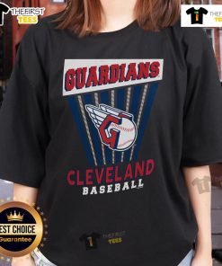 Alt Text: Top Cleveland Guardians baseball starter ladies tee in navy blue, featuring team logo and stylish design for fans.