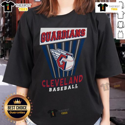 Alt Text: Top Cleveland Guardians baseball starter ladies tee in navy blue, featuring team logo and stylish design for fans.