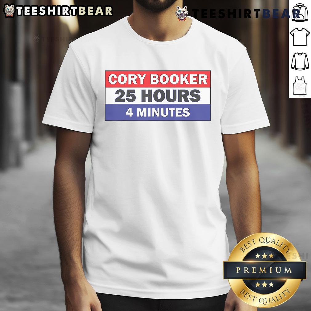 Top Cory Booker 25 Hours 4 Minutes T Shirt Alt Text: Top Cory Booker 25 Hours 4 Minutes T-Shirt featuring bold graphics and vibrant colors, perfect for supporters.