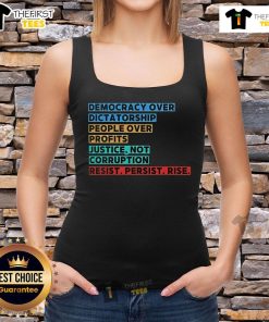 Top featuring 'Democracy Over Dictatorship' slogan, symbolizing justice and resistance against corruption in bold colors.