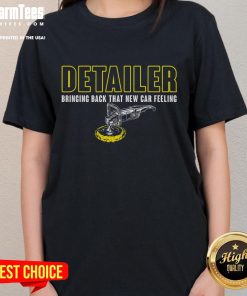 Top Detailer showcasing a new car feeling in a stylish ladies tee for auto detailing enthusiasts.